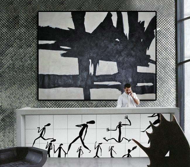 Modern Wall Art,Hand Painted Oversized Horizontal Minimal Art On Canvas, Black And White Minimalist Painting - Abstract Painting On Canvas
